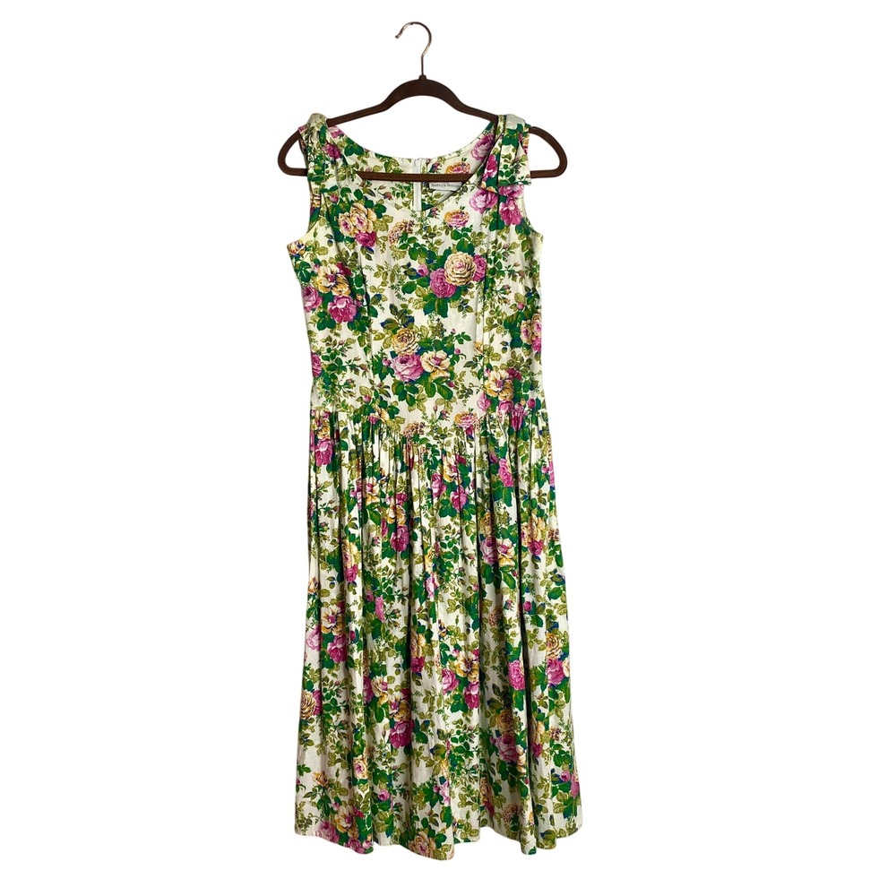 Vintage 80s 90s Betsy's Things Floral Midi Dress Bow Shoulder Cottagecore Small